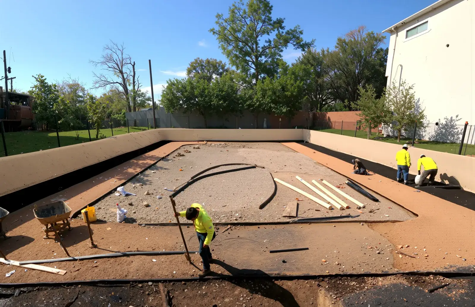 New Green Landscaping crew forming a backyard concrete patio in Houston, TX