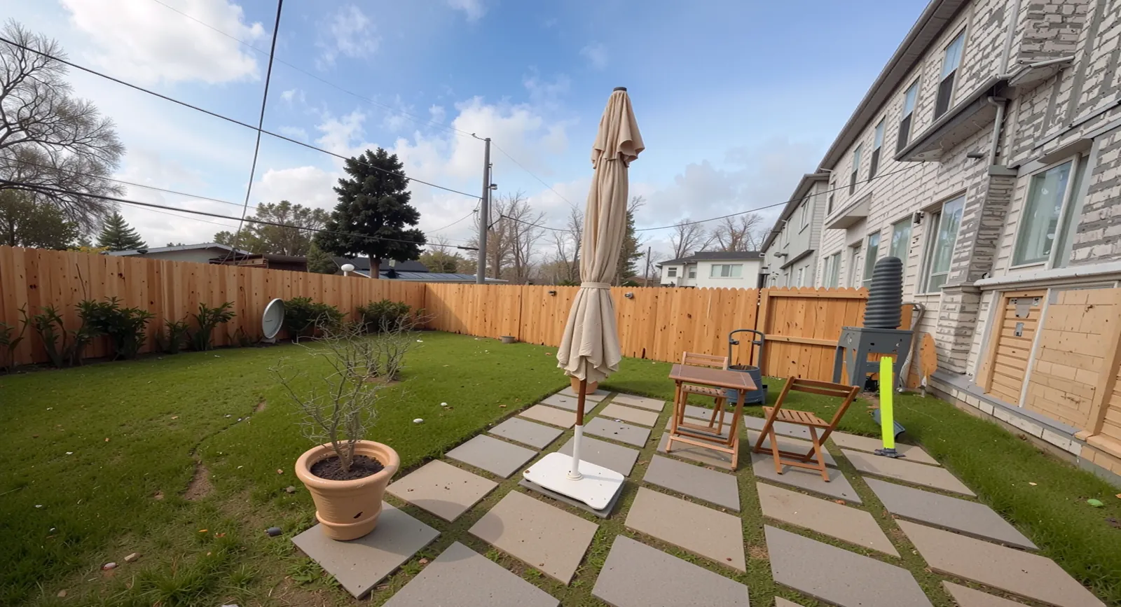 Backyard patio with pavers, patio furniture, lawn and cedar fence in Houston, TX