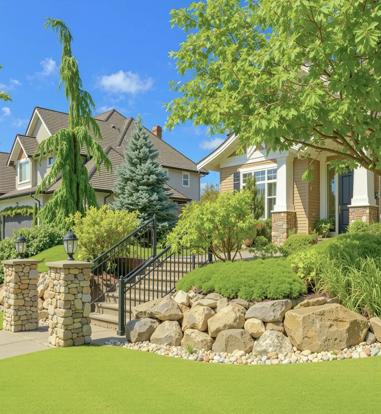 Front yard landscaping with a stacked stone retaining wall, shrubs and fresh sod