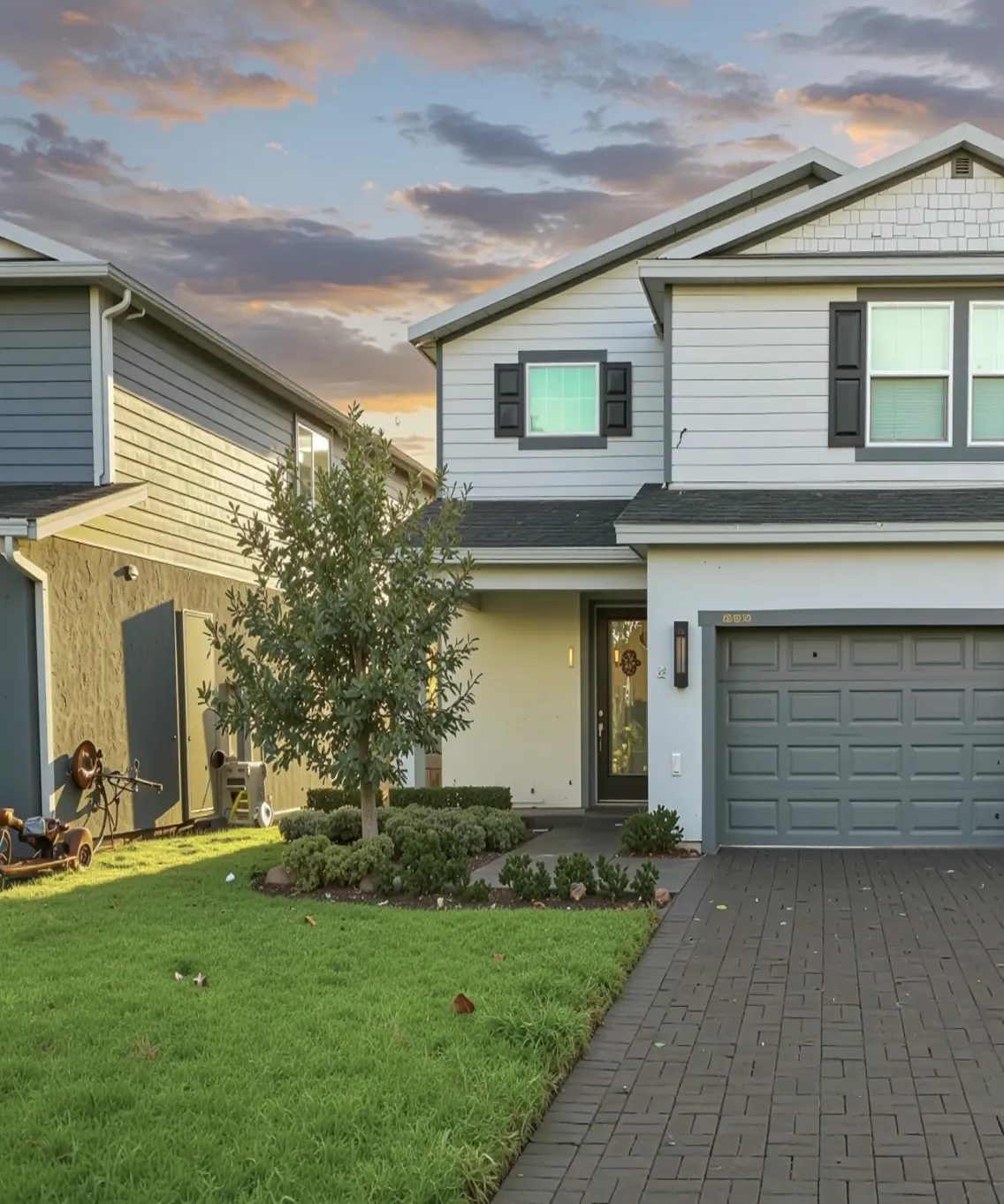 Houston home front yard with fresh sod and a paver walkway at sunset
