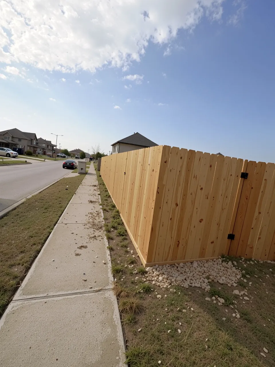 New cedar privacy fence installed along a sidewalk in a Houston neighborhood