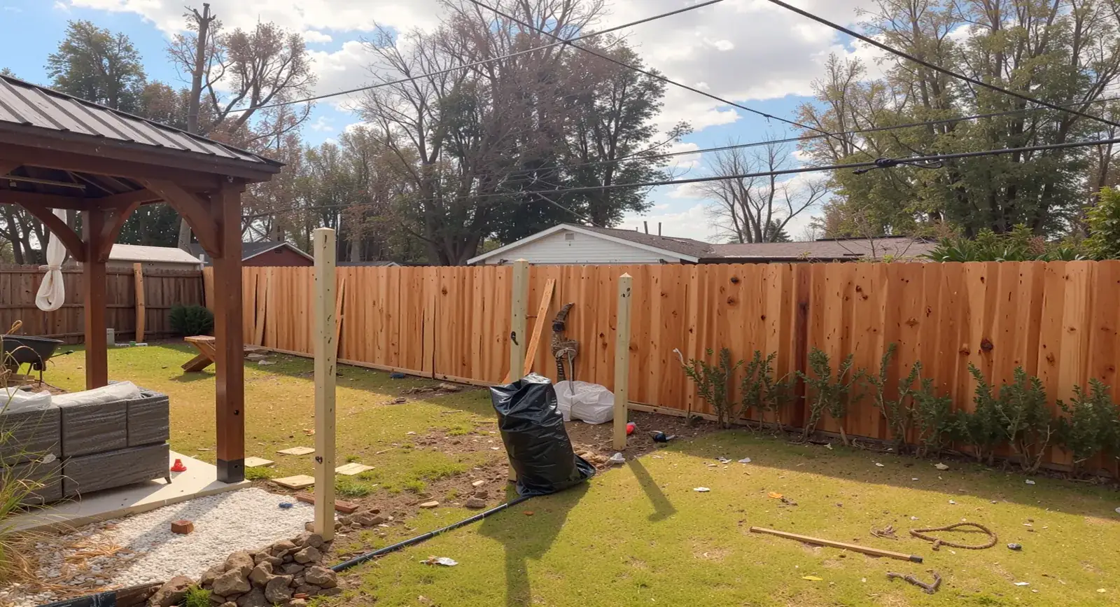 Newly installed wooden backyard fence with a gazebo in Houston, TX