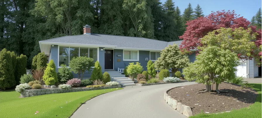 Residential landscape design with planting beds beside a curved driveway