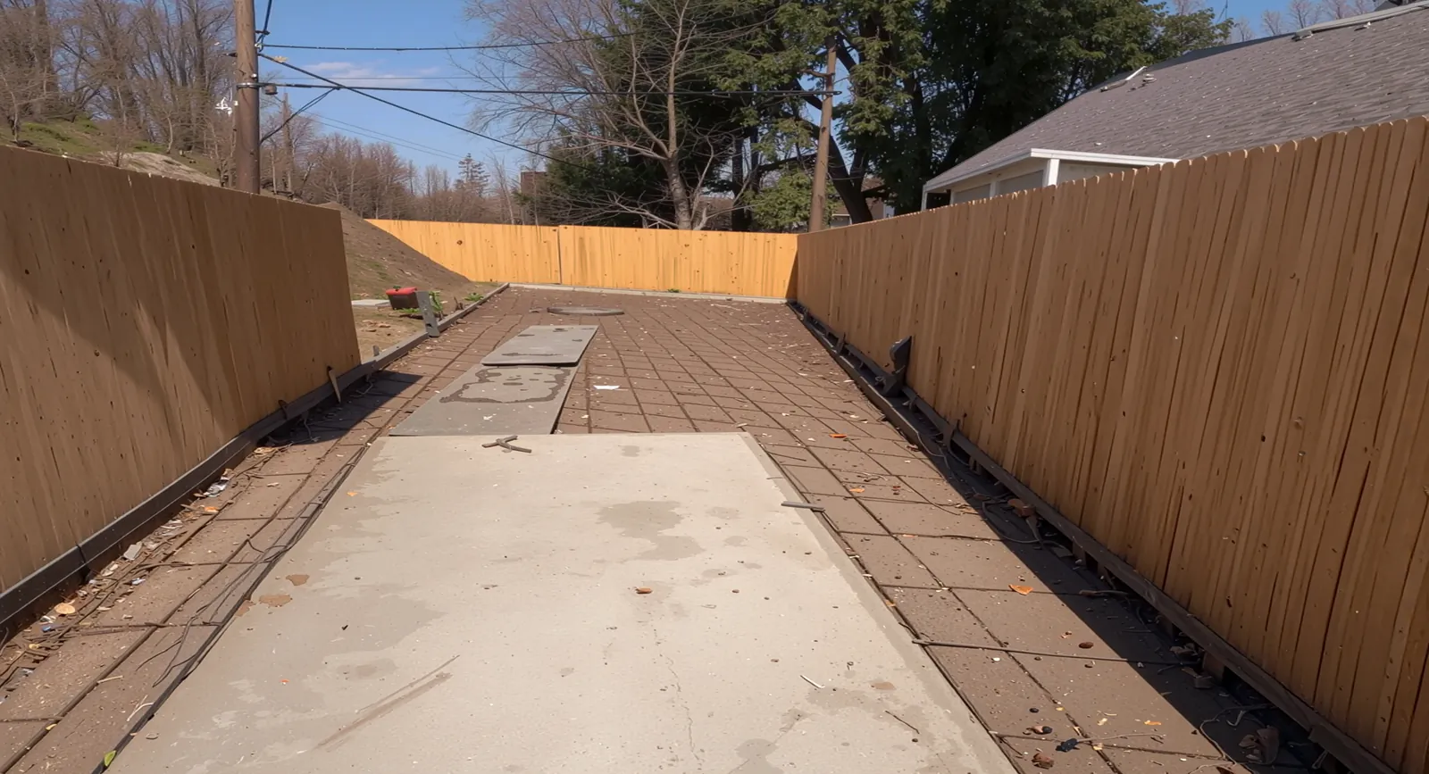 New wood fence beside a paver driveway in Houston, TX