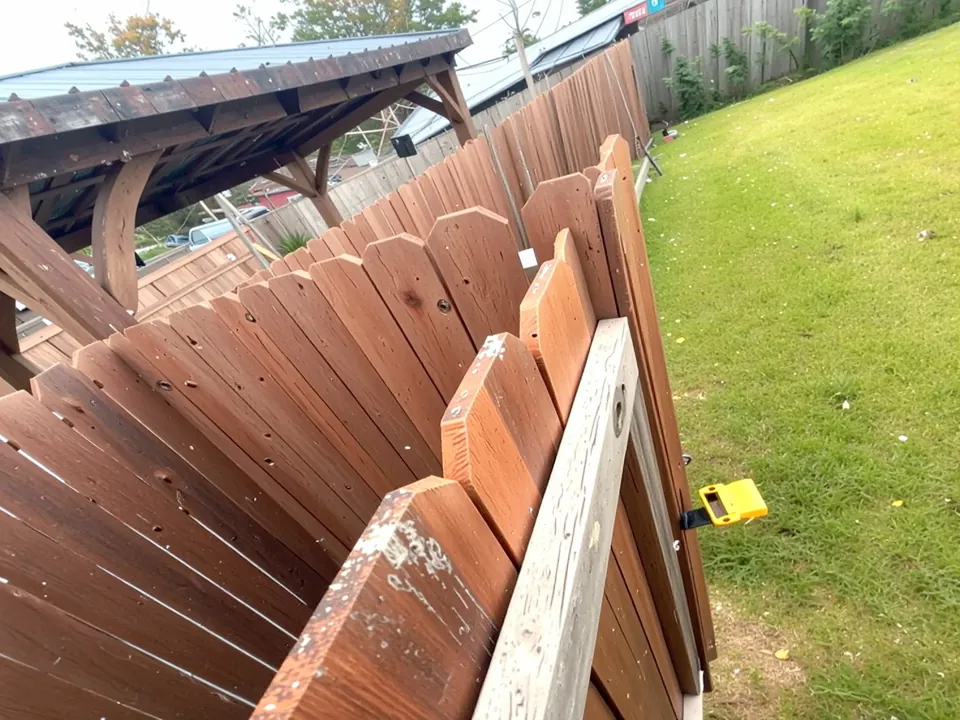 Wood fence panels being repaired next to a backyard gazebo in Houston, TX